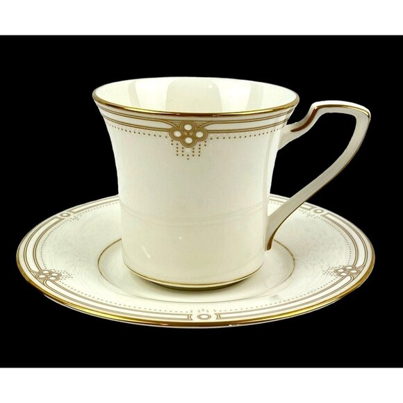 Noritake Other - Noritake Satin Gown 6 Flat Cup & Saucer Cream Gold Trim Embossed White Dots